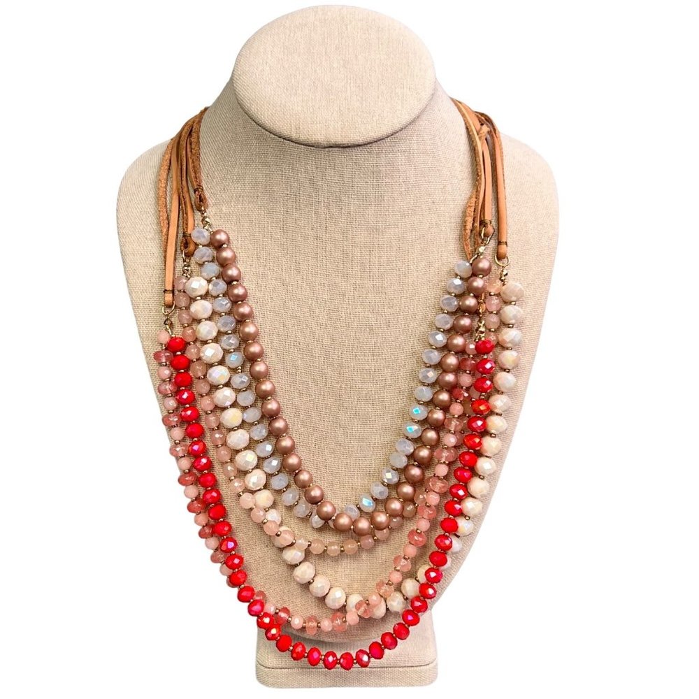 Loft Multi Strand Beaded Layered Necklace Chunky Statement Red Pink Leather